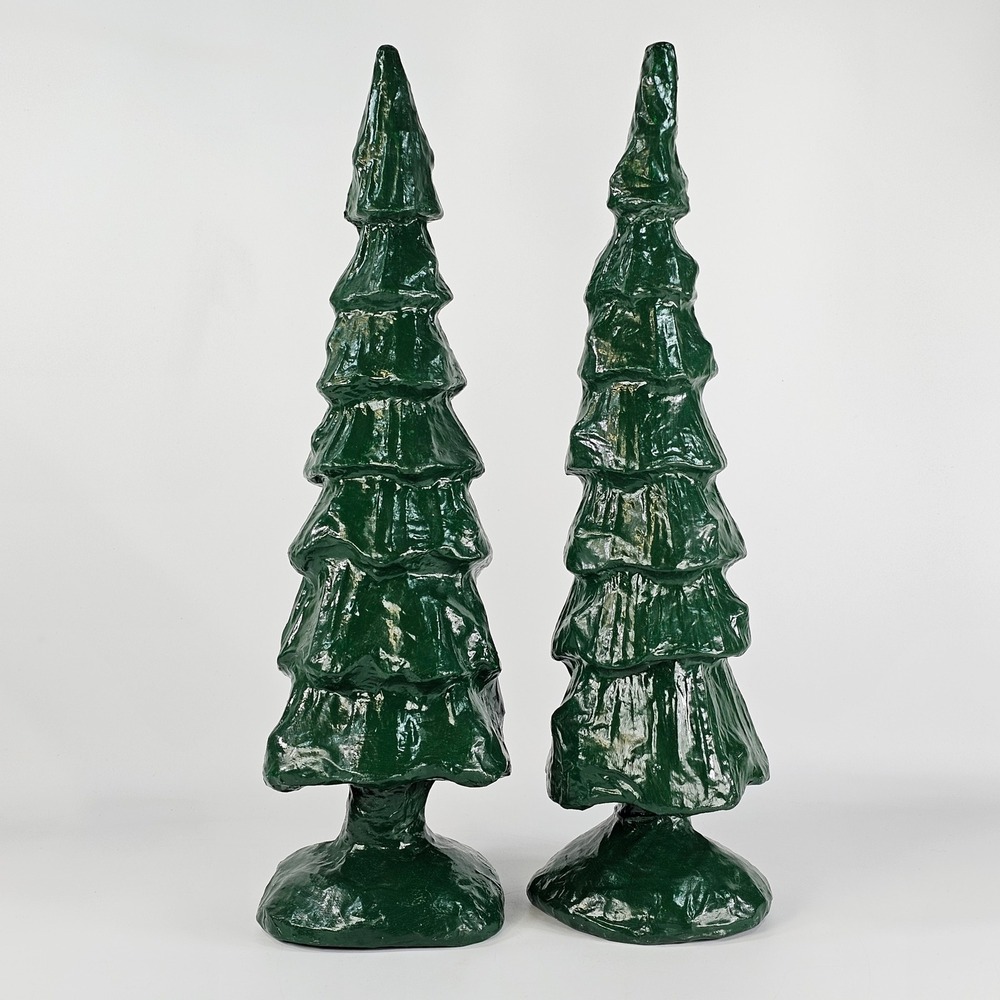 Vintage Green Ceramic Christmas Tree Pair Glossy Paper Mache Style Decor 17 Inch